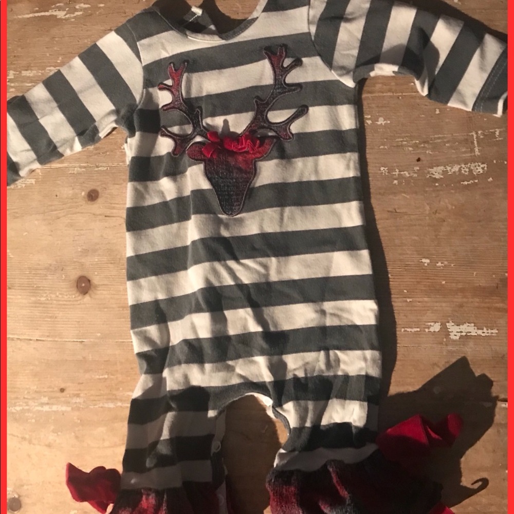 Adorable Striped One Piece w Deer & Ruffles